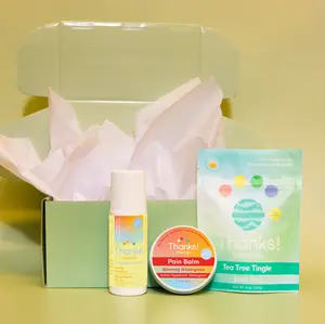 Thanks! Naturals Bye Bye Pain Bundle - Warming Wintergreen Balm, Tea Tree Tingle Bath Fizz, Cooling Eucalyptus Muscle Freeze Roll-On for On-The-Go Relief