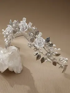 Vintage Flower Artificial Pearl Bride Crown, Elegant Handmade Floral Hairband, Wedding Party Goddess Photo Headpiece