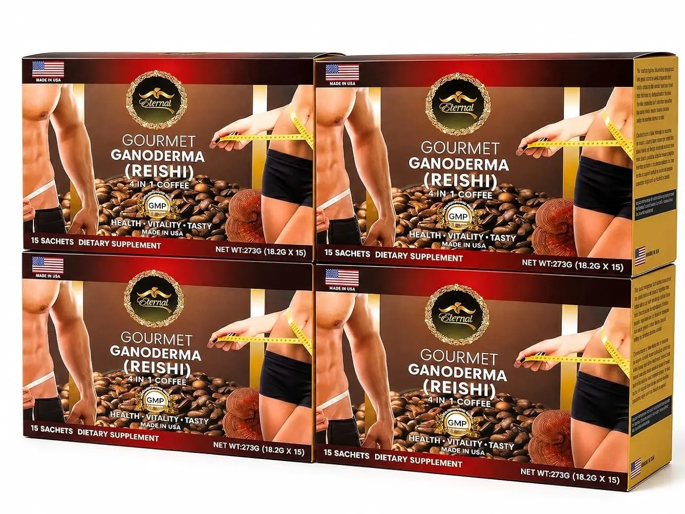 Asian Latte Coffee Ganoderma Singles, 15 Packets (0.64 oz) – Instant Coffee Mix with Reishi Mushroom, Creamy Light Roast, Travel-Friendly Sachets, 4 Pack (60 Sachets)