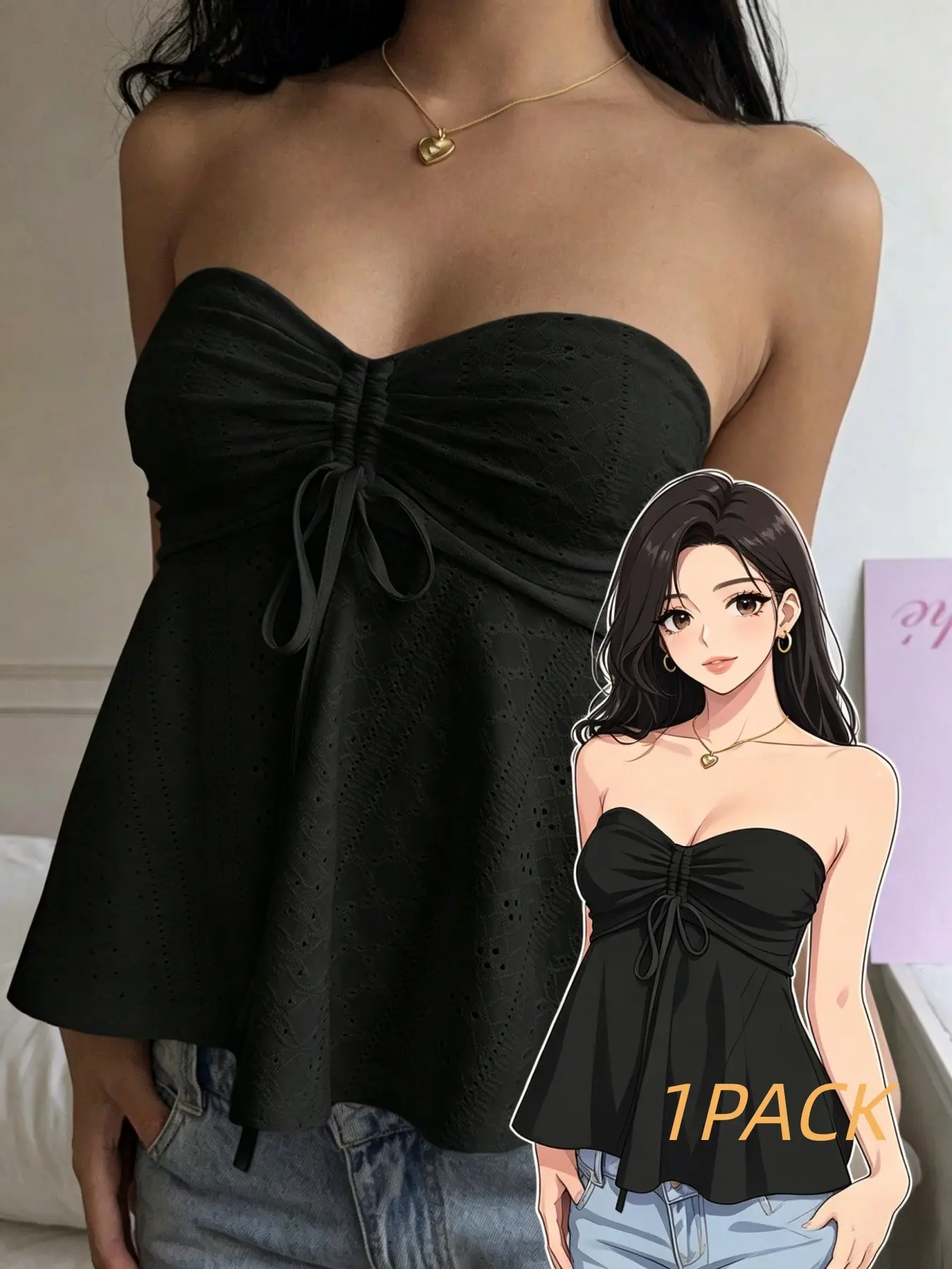 Women's Solid Color Crochet Ribbed Strapless Cami Top, Casual Sleeveless Top for Summer, Women's Clothing for Daily Wear