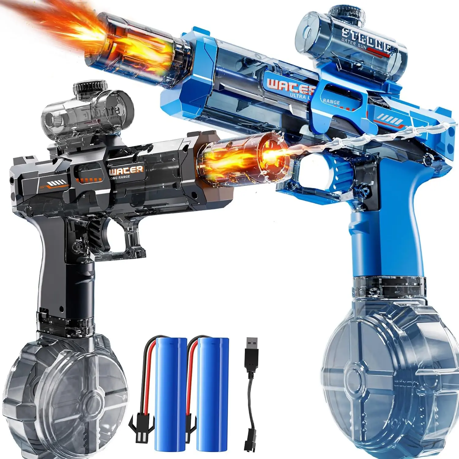 Rechargeable Automatic Unisex Squirt Guns for Kids - Safe, PC Casing, Lightweight, LED Flame Effect, Realistic Look & Slide Action, High-Density, High Capacity, 8000 Water Blasts, Long Range Outdoor Summer Pool Toys (Black & Blue; Note: Avoid Eye Aiming)