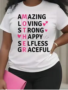 Women's Letter & Heart Print Round Neck Tee Top, Trendy Casual Style Crew Neck Short Sleeve T-Shirt for Daily Wear, Ladies Summer Outfit Valentine's Day, gift