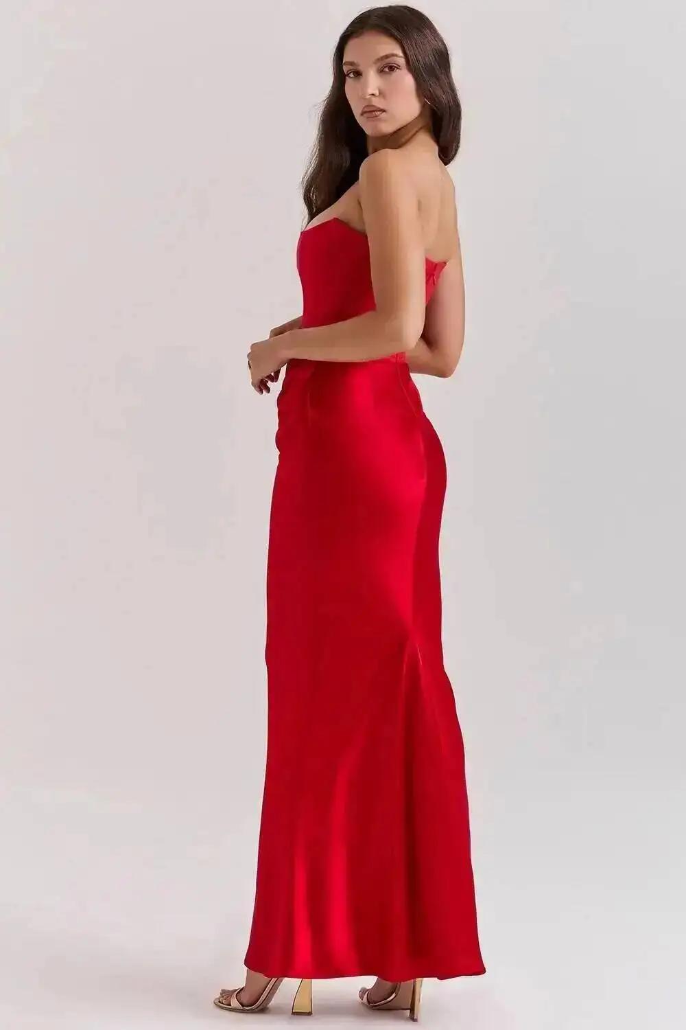 2026 New Red Strapless Corset Sexy Slim Mermaid Tail Long Solid Color Dress Women Elegant Evening