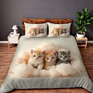 Cute Cat Pattern Bedding Set, Including Duvet Cover & Pillowcase, Soft Comfortable Bedding Set for Home Bedroom