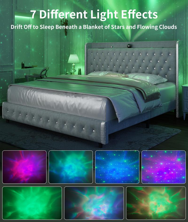 GEGOFORU Queen LED Galaxy Bed Frame with Projector, Bluetooth Speakers & USB Charging, RGB Lighting, White Velvet Upholstered Platform Bed, No Box Spring Needed GEGOFORU Queen LED Galaxy Bed Frame with Projector, Bluetooth Speakers & USB Charging, RGB Lighting, White Velvet Upholstered Platform Bed, No Box Spring Needed