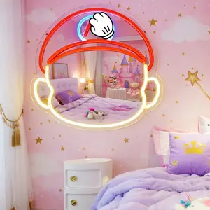 Cute LED Neon Mirror with Warm Light, Cartoon Style Vanity Mirror for Bedroom Wall Decor, Aesthetic Glow Mirror for Girls Room, Cozy Night Light