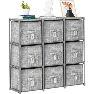 Cube storage organizer shelf with printed bins and labels, cubby storage organizer with bins, large-capacity storage shelves for closet, living room, dorm, yarn (grey, 9 cubes)