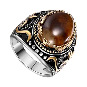 OIDEA Tiger Eye Signet Rings for Men: Large Oval Tiger Eye Stone Rings Cocktail Party Biker Statement Wedding Band Jewelry Gifts Gold