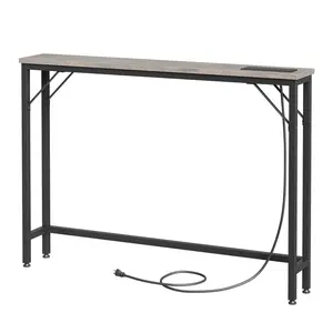 Grey Slim Industrial Design Rectangle Console Table - Narrow Sofa Table with Built-in Outlets, Slanting Bars, Scratch-Proof Textured Surface, Floor Protection, Rustic Appeal for Small Spaces, Living Room, Kitchen