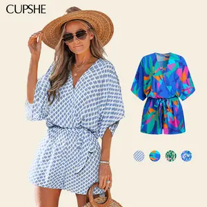 CUPSHE TikTokShopSpringGlowUp Leopard Print Romper Short Sleeve Lace Up V-Neck Wide Leg Jumpsuit for Summer Vacation Beachwear Comfort Fit Outfit SpringStatements