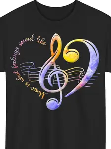 Cotton 100% Music Heart All-Season T-Shirt | Music is the Sound of Life Design with Musical Notes & Treble Clefs, Machine Washable, Unisex Sizes S-XXXL, Perfect Gift for Music Lovers, Casual Style
