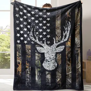 Flag & Deer Head Pattern Flannel Blanket, 1 Count Soft Comfortable Warm Throw, Cool Bedroom Bedding Blankets Decorative Giftable Blankets for Home Office Travel Camping