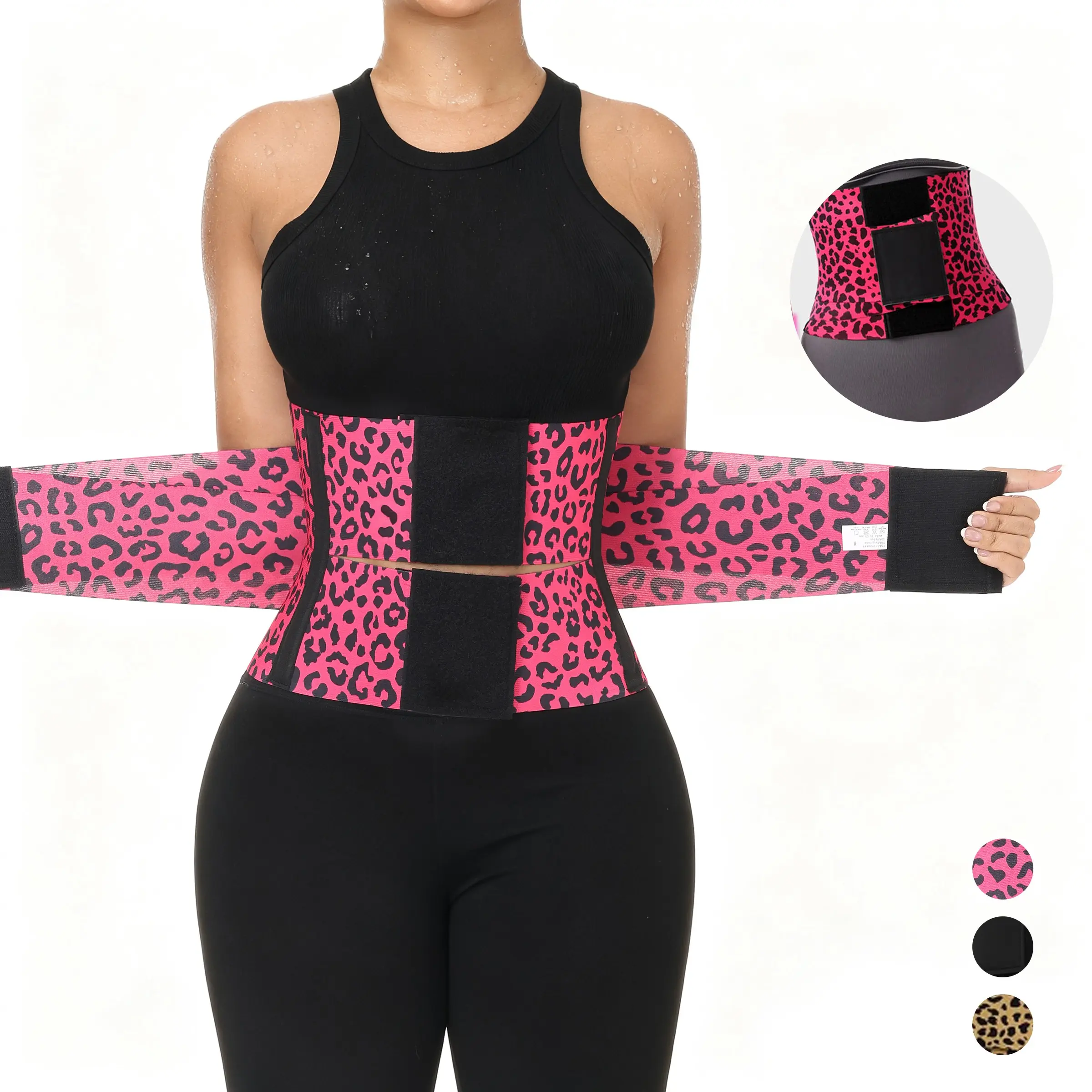 Women's Adjustable Waist Trainer Shapewear, Firm Tummy Control, Magic Tape Belly Cinch Belt, High-Waisted Yoga Fitness Band, Leopard Print, Gym Running, Workout