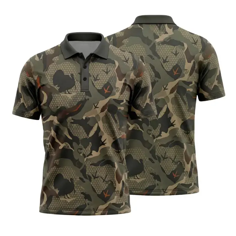 Men’s Turkey Camo Polo Shirt, Camouflage Hunting Print Short Sleeve Performance Golf Apparel