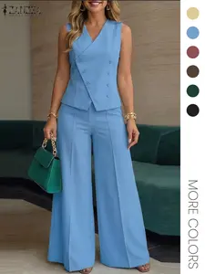 Women's Solid Color Set, V Neck Sleeveless Cross Slit Vest + High Waist Wide Leg Pants, Casual Fitted Design, Daily Commute Wear