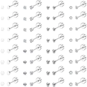 Milacolato Unisex 16-Pair Tiny Surgical Steel Flat Back Cartilage Earrings, Hypoallergenic 2mm/3mm Cubic Zirconia Ball Studs for Tragus, Helix, Daith Piercings