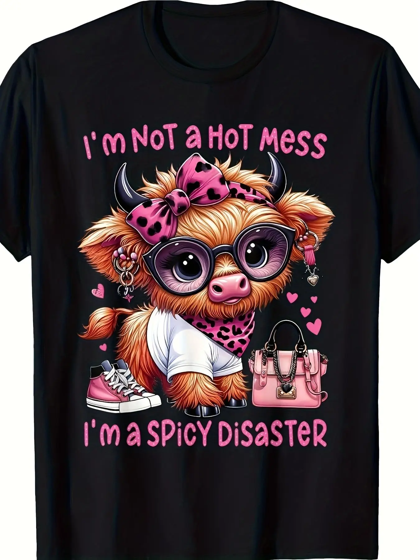 I'm NOT a HOT Mess Highland Cow Graphic T-Shirt - Fun Cute Cartoon Design with Pink Text and Accessories, Perfect for Casual Outings, Birthday Gifts, or Fun Everyday Wear
