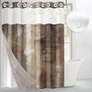 No Hook Beige Grey Brown Painting Shower with Snap in Liner Set, Waterproof with See Through Top Window Open Grommet Bath 71x74 Inch