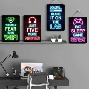 Video Gamer Room Decor for Boys Gaming Wall Decor Neon Gaming Room Metal Sign 12 x 8 Inch Set of 4 - Gamer Wall Decor Teenage Boy Room Decor