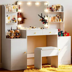 53" W Makeup Vanity Set with Chair and Power Outlet, Big Vanity Desk with Mirror and Lights, 3 Color Lighting Modes & Adjustable Brightness for Bedroom, White, room vanity Lighted