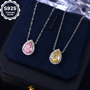 Teardrop Colored  Necklace - S925 Sterling Silver, Pink & Yellow Sparkling Halo Pendants, Elegant Daily/Party Jewelry for Women, Perfect Gift.