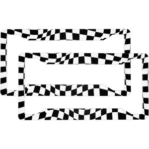 2 Sets Wavy Checkered Black White Checkerboard Premium License Plate Holder - Car Truck SUV Front and Rear Bracket for Enhanced Night Vision 4 Holes ﻿