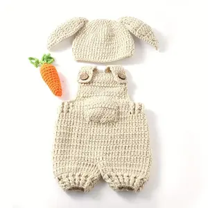 New[3pcs Handmade Crochet Rabbit] Handmade Crochet Three-Piece Rabbit Set |             New Photo Studio Photography Props, Perfect for 100-Day Anniversary Photoshoots or Home/Studio Themed Decorations Boys' Hooded Sweatshirt Set with Bear Pattern