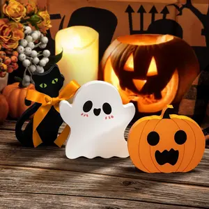 Cute Halloween Tiered Tray Decorations, 3pcs Ghost Wooden Pumpkin Blocks, Indoor Party Home Shelf Display, Festive Decoration Set