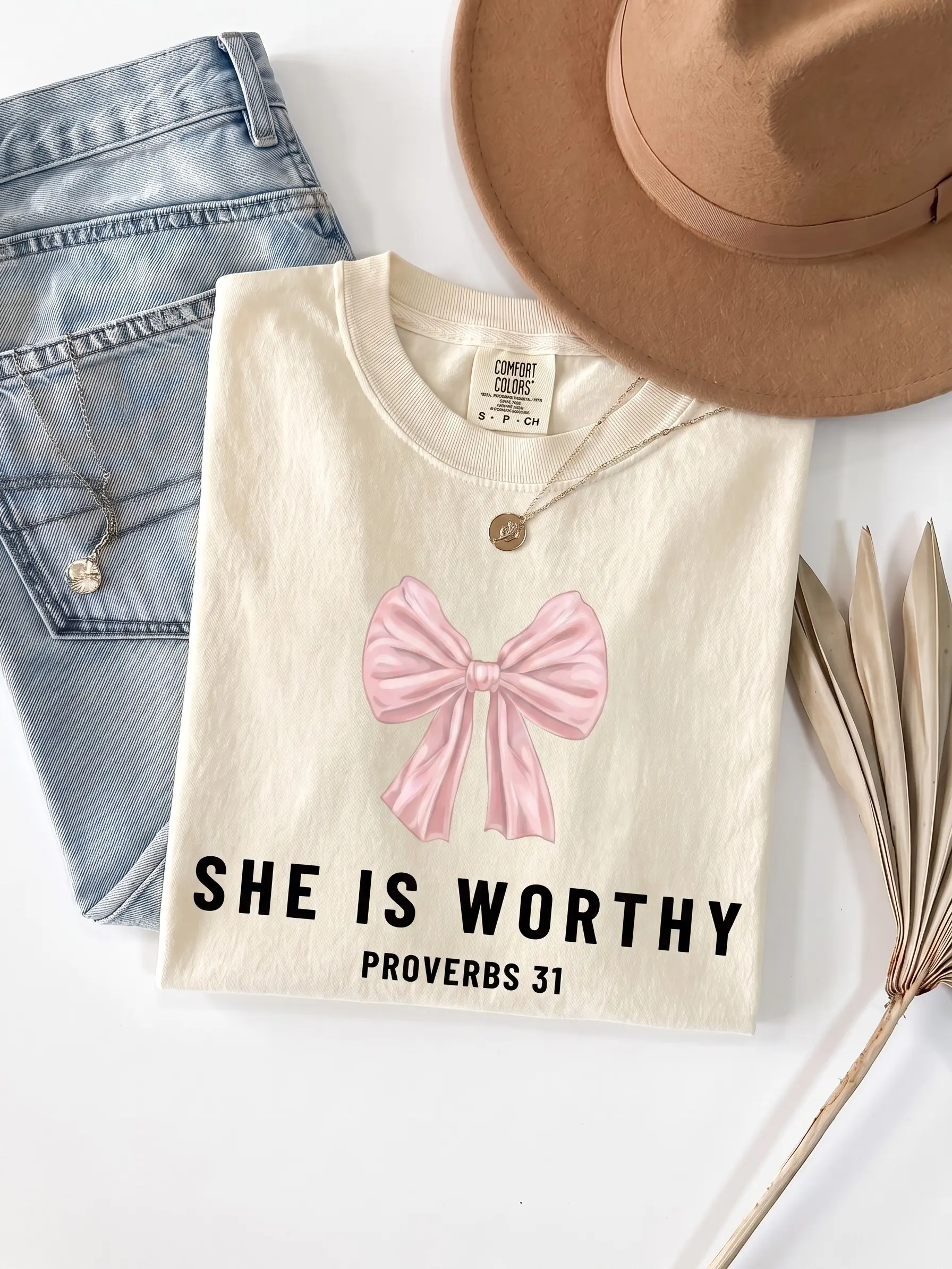 Women's Christian "She Is Worthy Proverbs 31" Casual Floral Pink Bow Faith-Inspired T-Shirt
