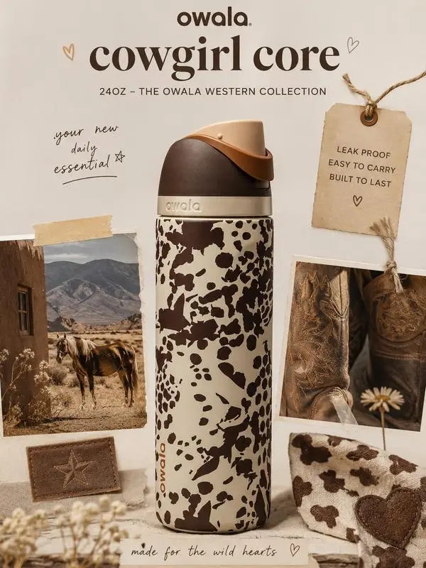 Owala Color Drop 24oz FreeSip Cowgirl Core Cow Print Water Bottle