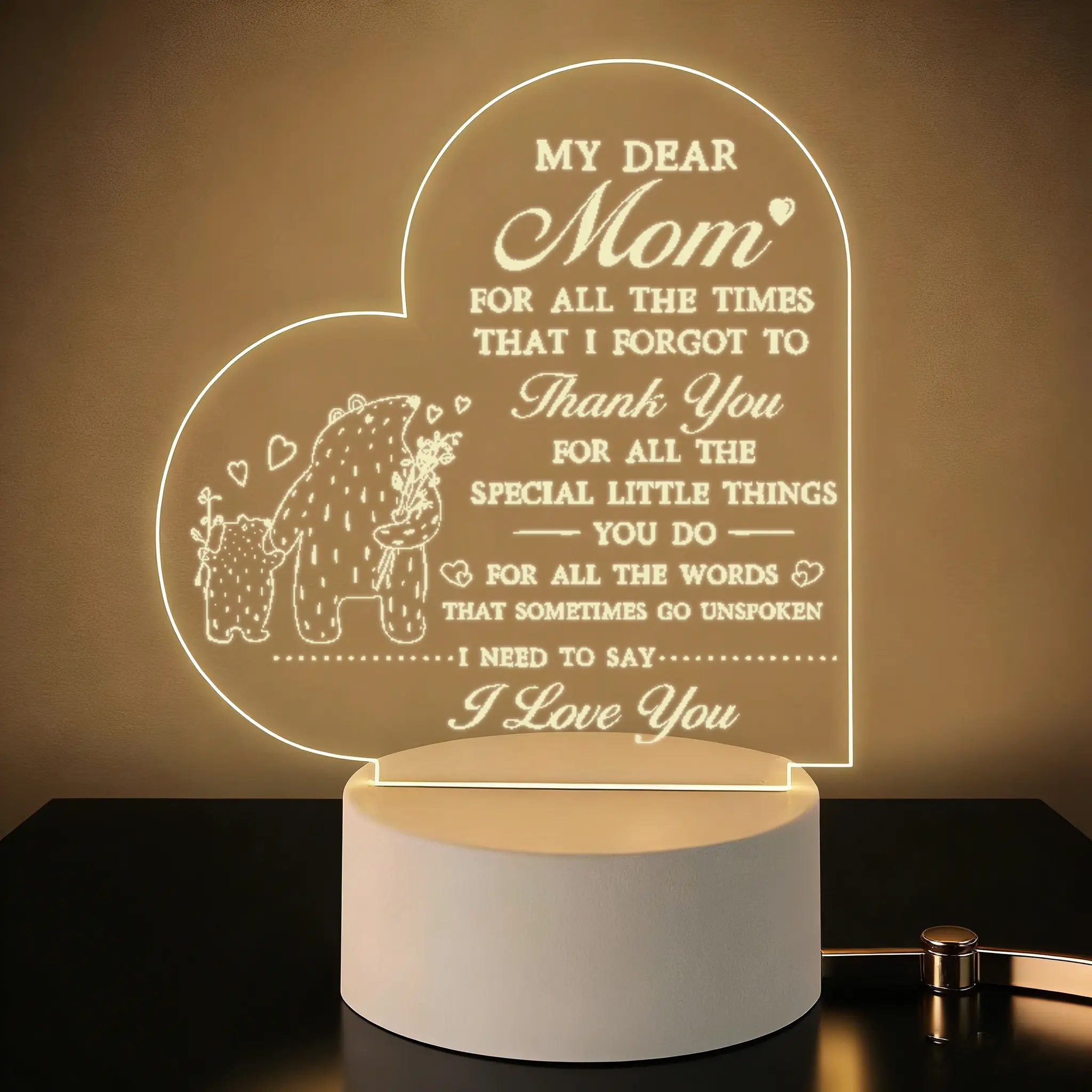 Heart 2D Acrylic LED Night Light for Mom, Warm White USB Bedside Lamp for Bedroom Decor, Mother's Day Birthday Gift for Her, Modern Mood Lighting for Home Bedroom, Cozy Lighting Lights, Decorative Led Lights