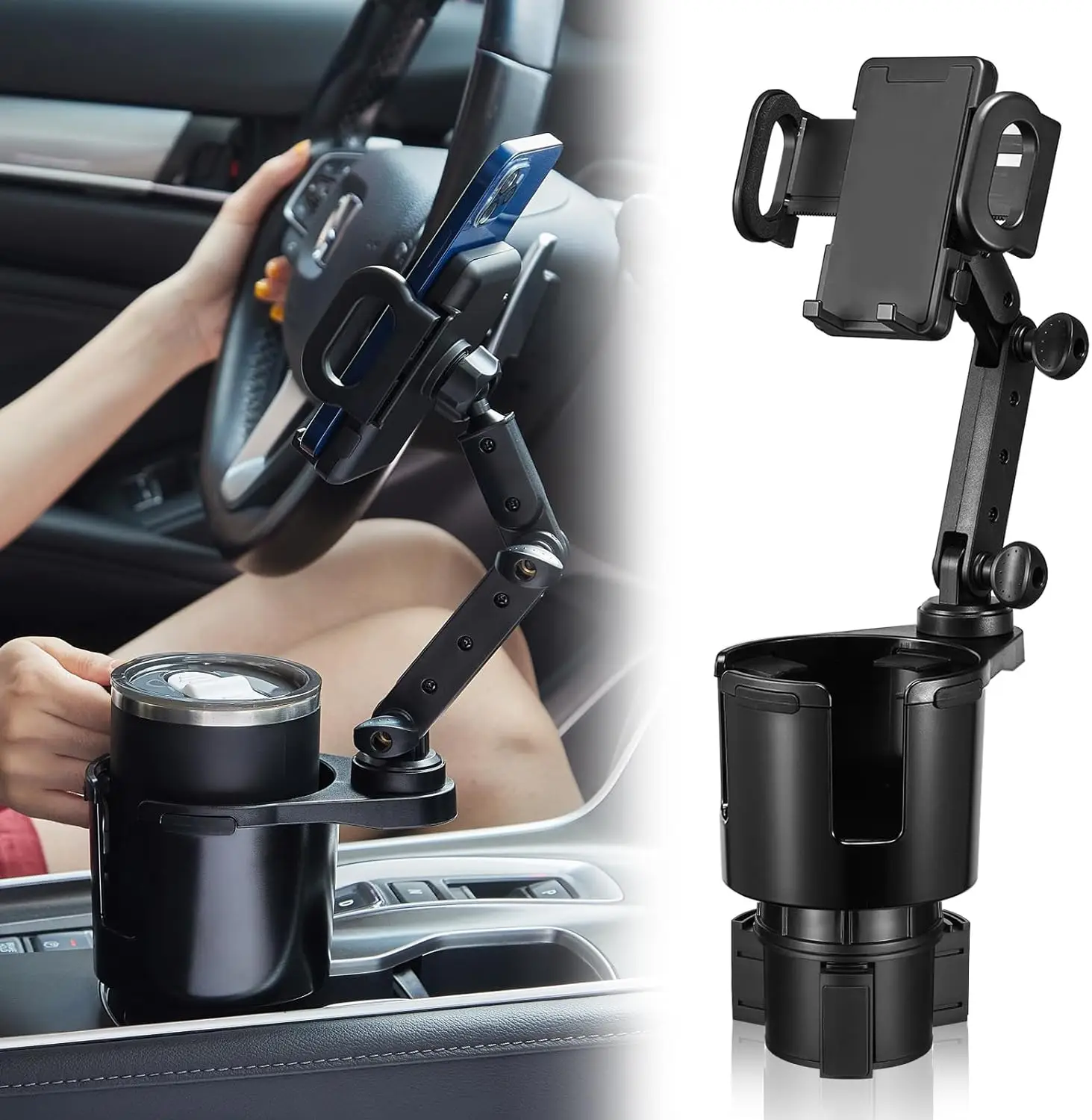 THIS HILL Cup Holder Expander for Car with Phone Mount, 2 in 1 Car Cup Holder Expander Adjustable Base, 360°Rotation, Cell Phone Holder for Car Compat