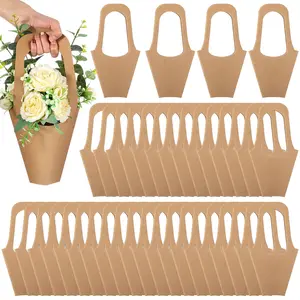 100 Packs Kraft Paper Flowers Gift Bags with Handle Flowers Bouquet Holder for Wedding, Valentines Day Decoration, Florist Shop (Small)