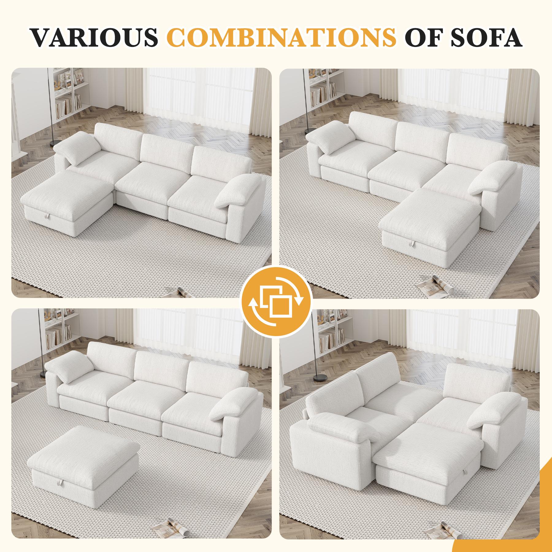 【Shipped in four Packages】118" L Shaped Modular Sectional Sofa, Oversized 3-Seater Convertible Cloud Couch, Modern Chenille Sectional Couches for Living Room, Cream White 1 PCS