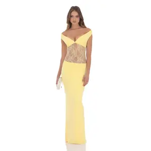 Off Shoulder Lace Cutout Maxi Dress in Yellow