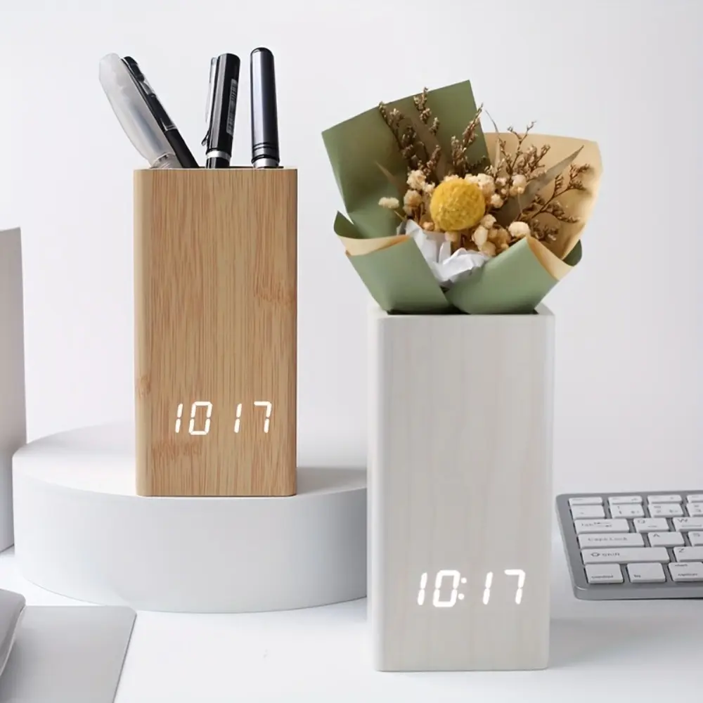 Wooden Texture LED Desktop Organizer, Digital Clock, Dual-Purpose Pencil Holder, Alarm Clock, USB Powered, Sleek Design for Office, Bedroom, Desk Accessory, Desk Supplies, Office Accessories