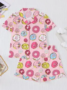 Donut Home Set, Fireproof Button-Up Shirt & Loose Waist Shorts, Cute Cartoon Print, Casual Fashion Sleepwear for Kids, Pancake Pajamas