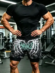 Men's Sportswear Set, Round Neck Quick-Dry Compression Top + Dual-Layer Printed Shorts, Running Training Two-Piece Set, Slim Fit, Above Knee, Workout Sets
