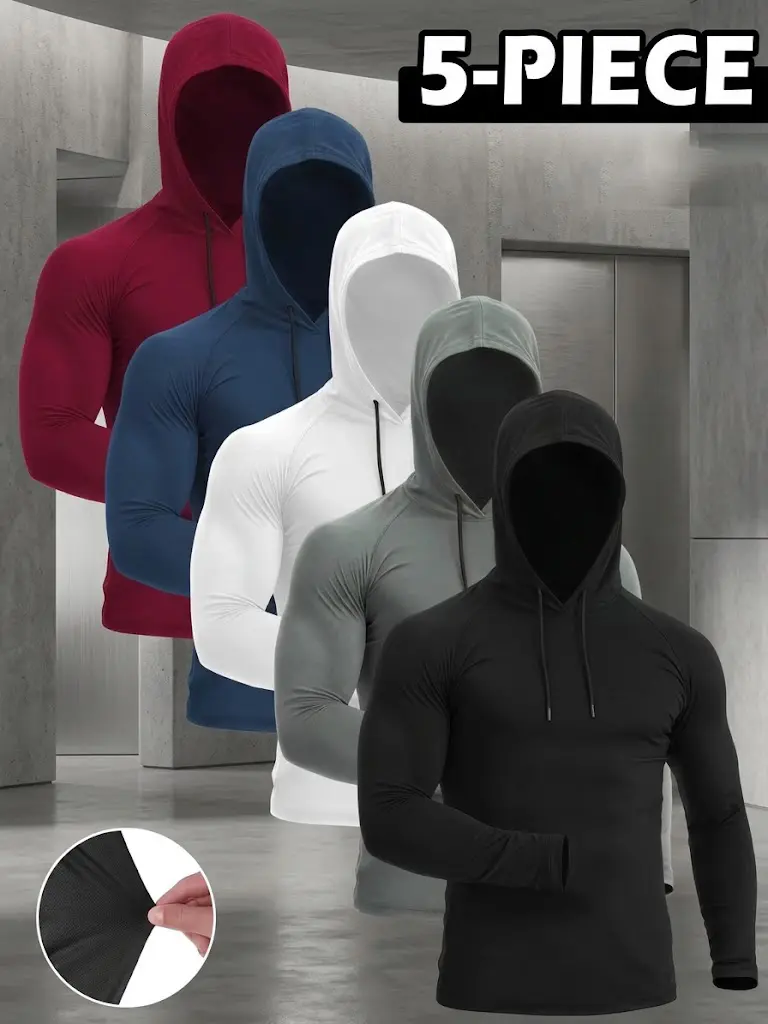 5-Pack Men's Hooded Athletic Shirts Long Sleeve Gym Workout Tops Moisture Wicking Breathable Thin Pullover Activewear Hoodie Combo Pack