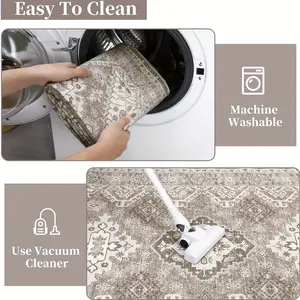 8'x10' Taupe Washable Distressed Neutral Area Rug - Non-Slip, Stain Resistant, Vintage Boho Design for Living Room, Bedroom, and Dining Room - Easy to Clean, Soft, and Durable Polyester Rug Carpet