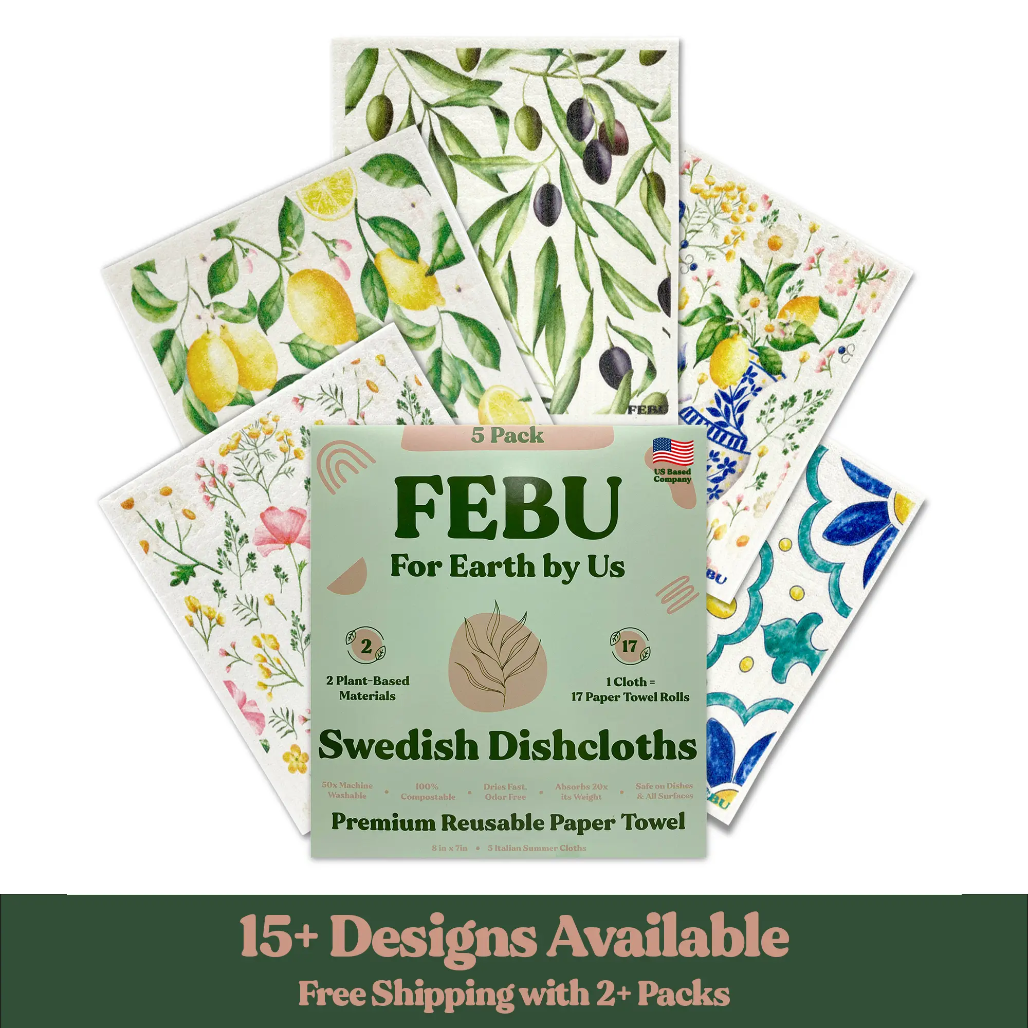 FEBU Swedish Dishcloths for Kitchen & Cleaning | 5 Pack Absorbent, Washable, Reusable Paper Towels | Non-Scratch Cotton & Cellulose Sponge Cloths | N