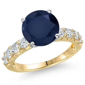 14K Two Tone Gold Blue Sapphire and Lab Grown Diamond Engagement Ring For Women | 6.05 Cttw | Round 10MM | Gemstone September Birthstone