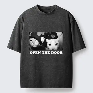Retro washed open-door fun cat emoji T-shirt, funny cat emoji, stylish shirt, unisex, men's and women's fashion, summer, gift for boyfriend, gift for girlfriend patterned T-shirt clothing vintage