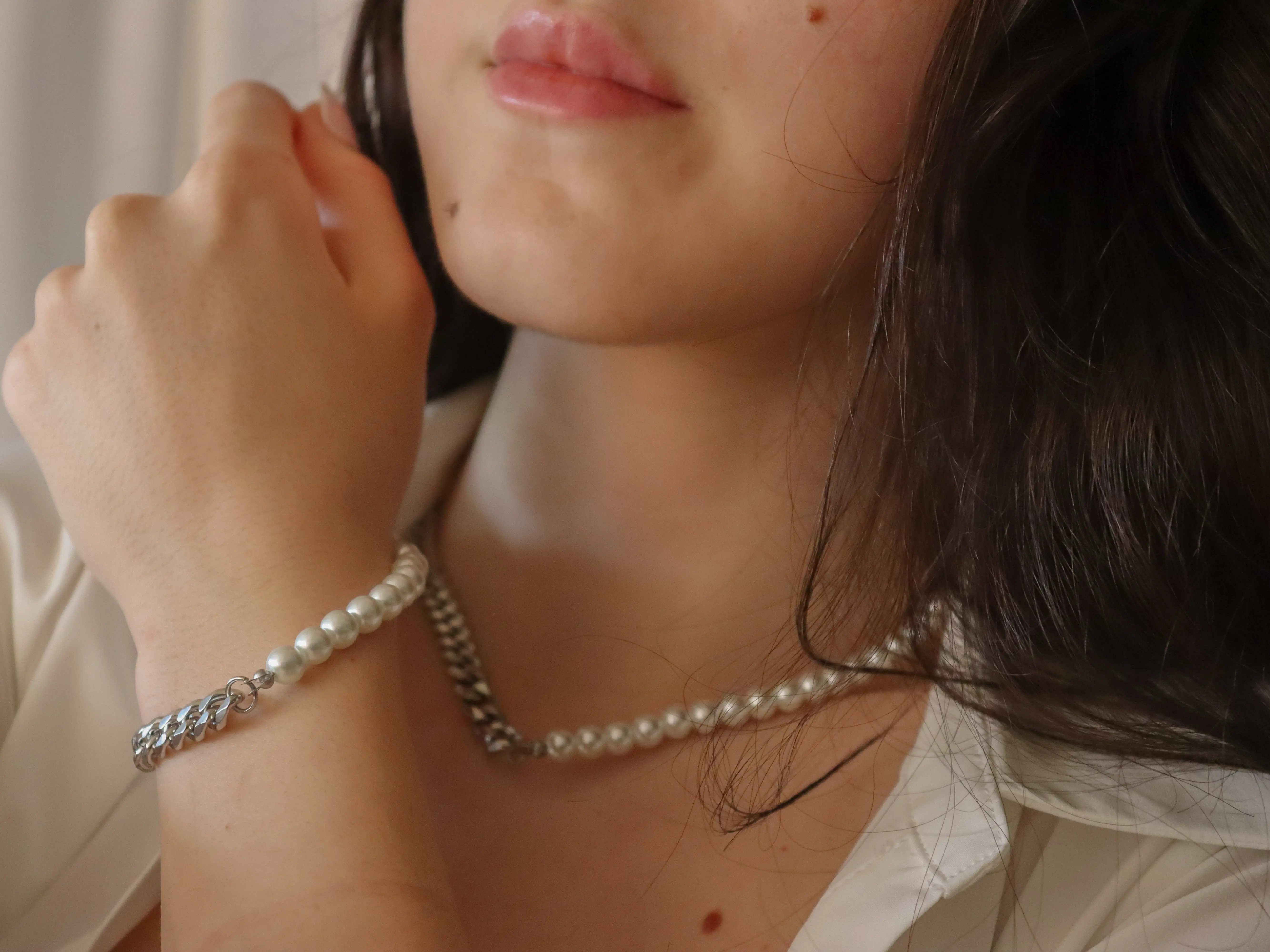 Half Silver Cuban Half Pearl Necklace