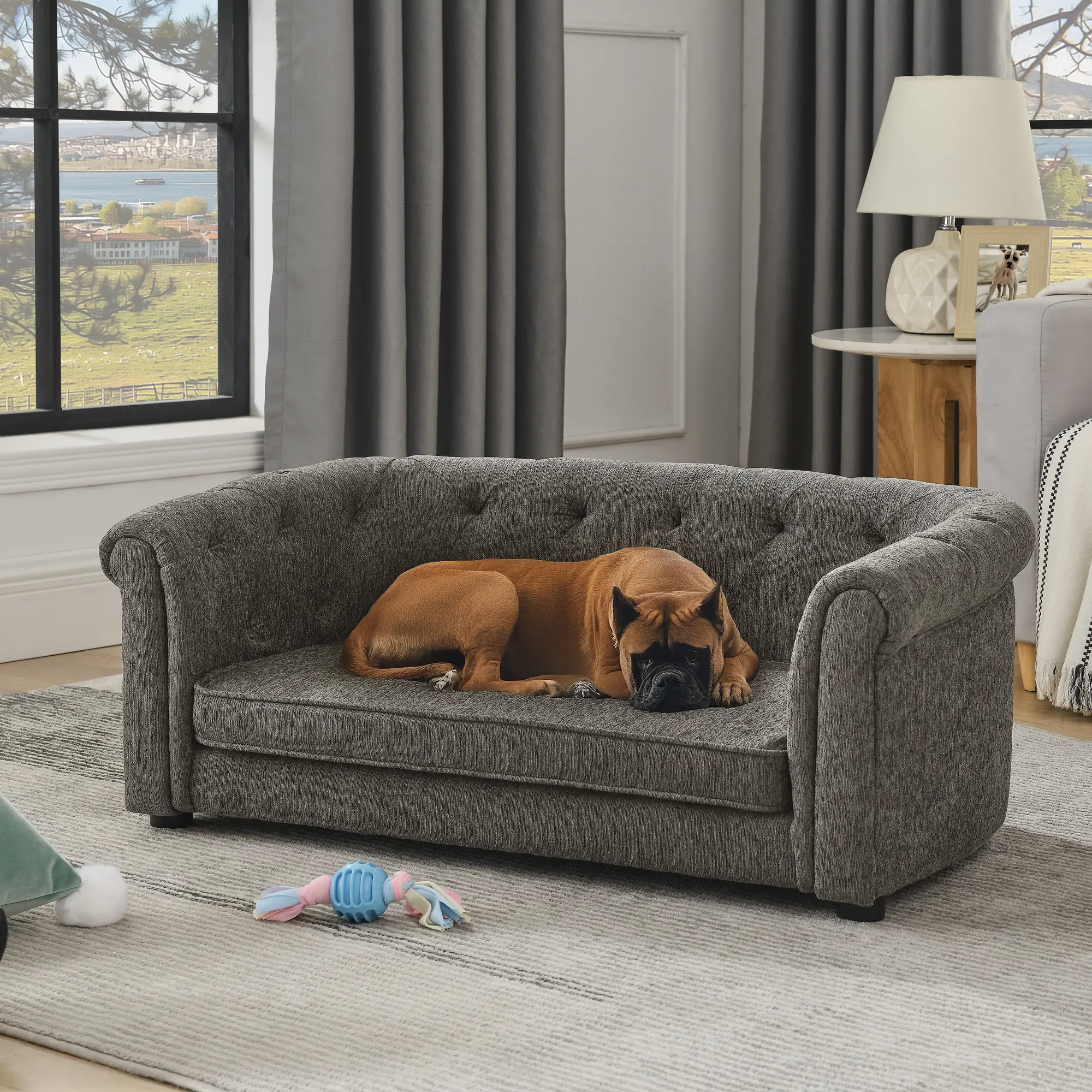 Niccae Pet Sofa with Arc-Shaped Backrest and Armrests, Contemporary Rectangular Design, Breathable Linen and Cozy Soft Cushion, Perfect for Dogs