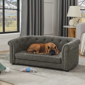 Niccae Pet Sofa with Arc-Shaped Backrest and Armrests, Contemporary Rectangular Design, Breathable Linen and Cozy Soft Cushion, Perfect for Dogs