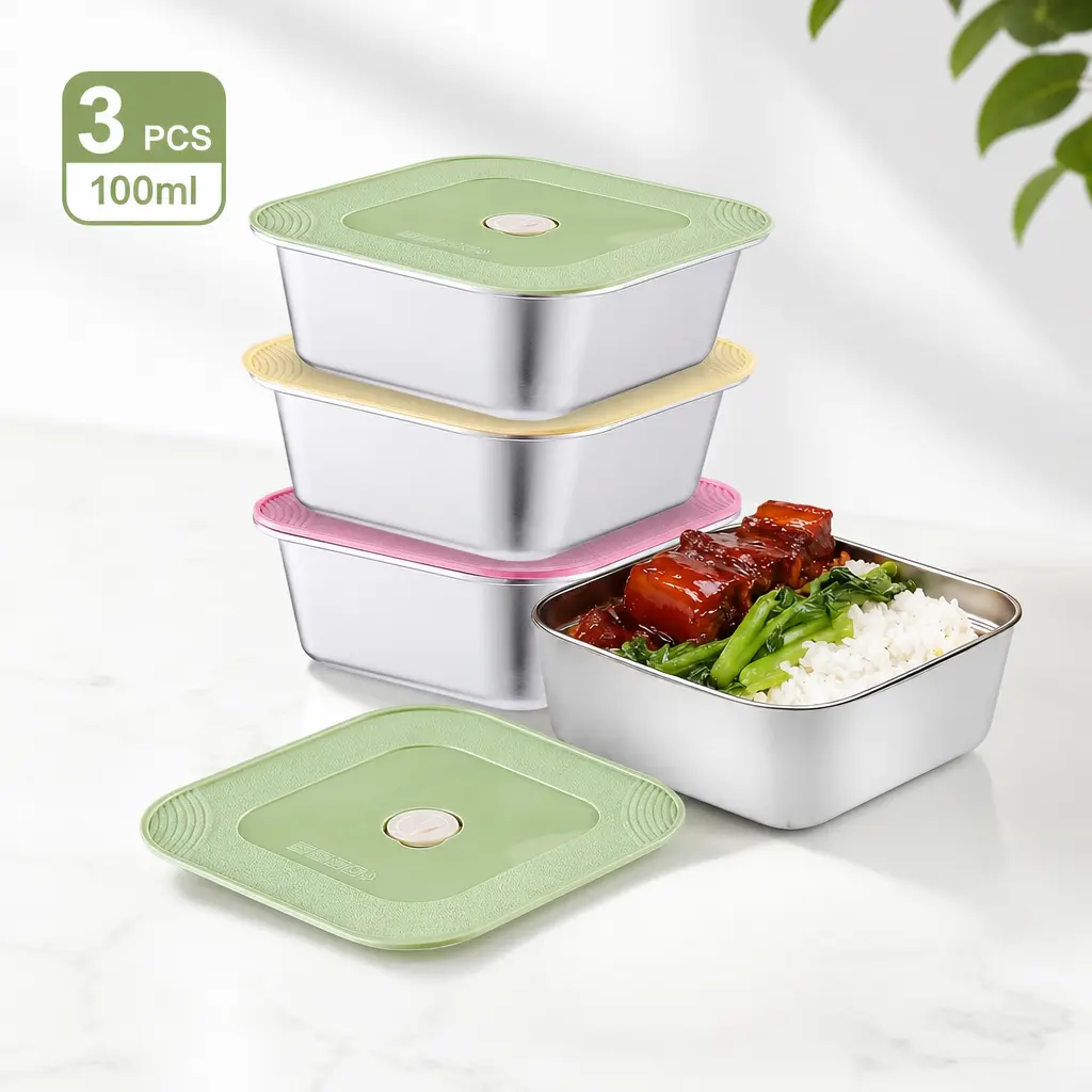littleox 3-Pack Stainless Steel Lunch Box with Lid - 100ml Single Compartment Container, Soft Ventilation Button, Dishwasher Safe Sauce Storage for Office, Travel, Meal Prep