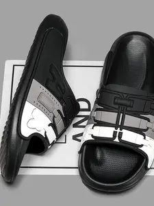 Men's White-Black Letter Air Cushion Slides, Cool Casual Style, Soft Slippers, Leather Paneling + Air Cushion Sole, Eye-Catching Style, Light & Bouncy Fit , Ideal for Daily Home & Light Outdoor Outings
