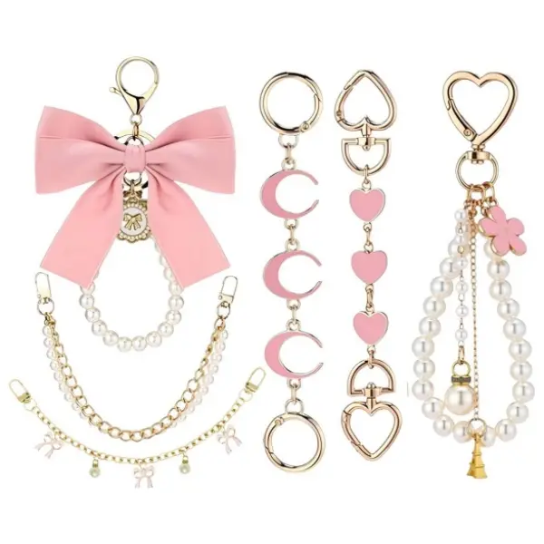 Cute Pearl Purse Chain Extenders, 6 Piece Set with Ribbon Bow Charms, Adjustable Bag Strap Accessories for Handbags, Cute Purse Accessories