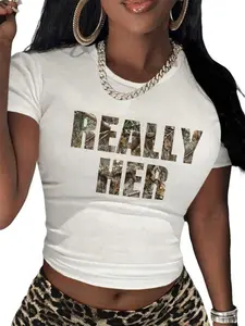 Women's Camo Print "REALLY HER" Letter Print Crop Tee, Casual Slim-fitting Short Sleeve Round Neck T-shirt, Ladies Summer Clothes for Daily Wear, Womenswear Top